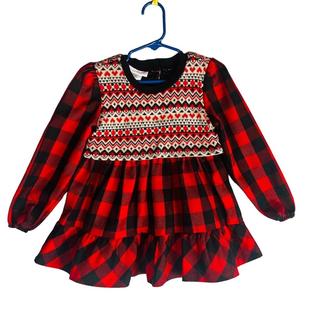 Bonnie Baby Girls Sz 4T Dress Buffalo Plaid Red Black Long‎ Sleeve Button